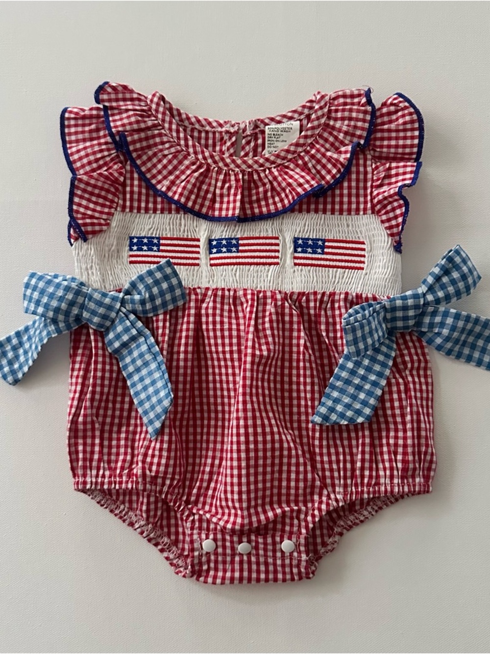 Baby Girl 0-3 Months Gingham Flag Smocked Bubble Romper Blue Patriotic American